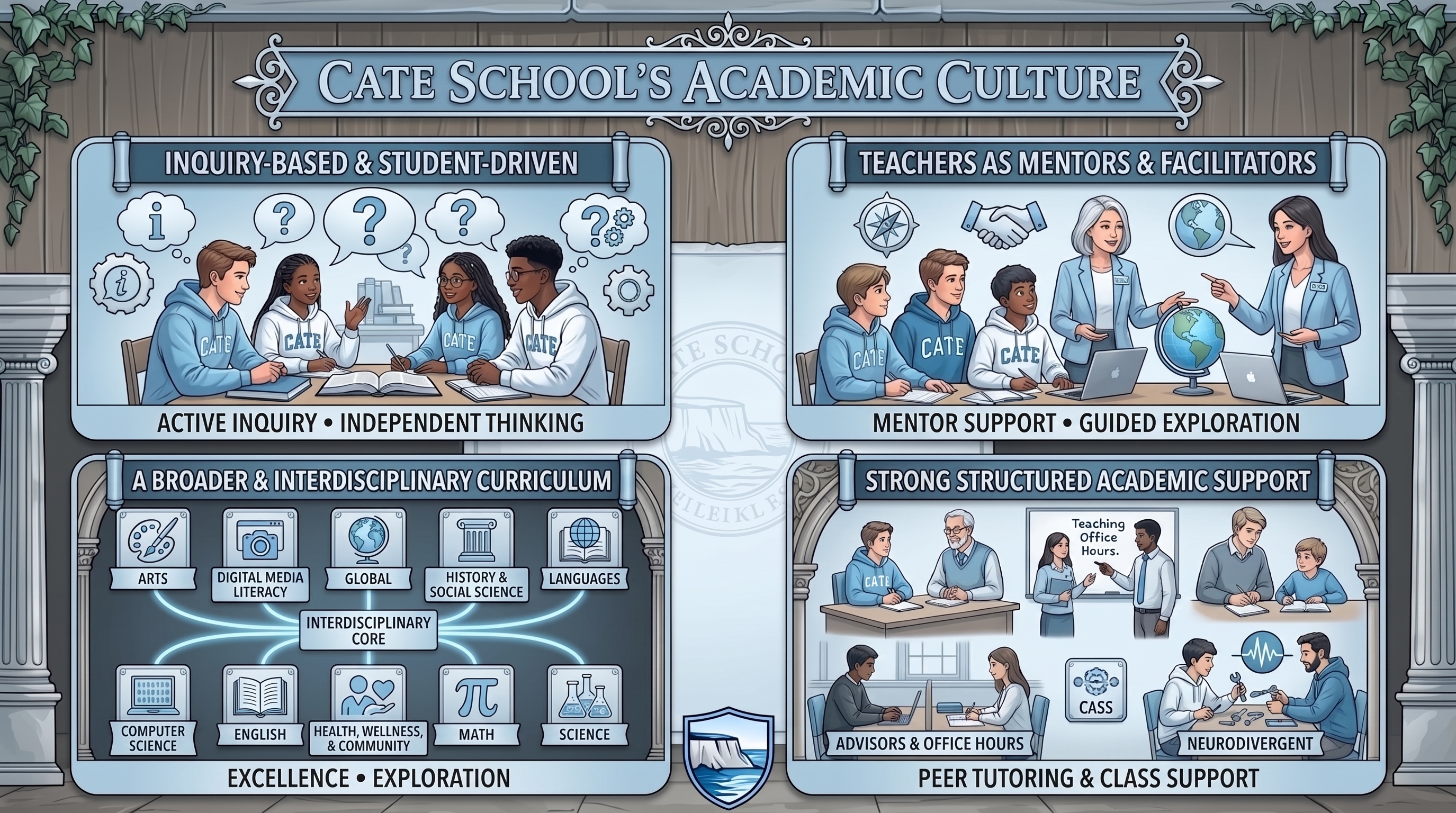 Infographic of Cate School’s academic culture highlighting inquiry-based learning, teacher mentorship, interdisciplinary curriculum, and structured academic support.