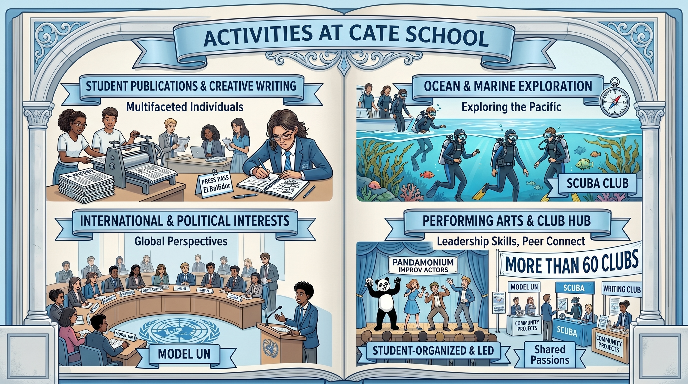 Infographic of activities at Cate School highlighting student publications, ocean exploration, Model UN, performing arts, and over 60 student-led clubs.