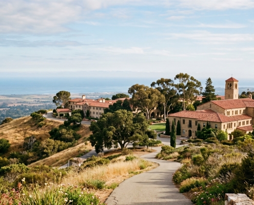 A wide landscape view of a Mediterranean-style school campus with terracotta tile roofs, nestled on a golden, grassy hill overlooking a valley and the ocean under a clear blue sky.