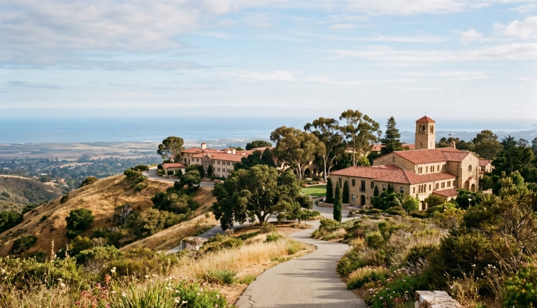 A wide landscape view of a Mediterranean-style school campus with terracotta tile roofs, nestled on a golden, grassy hill overlooking a valley and the ocean under a clear blue sky.