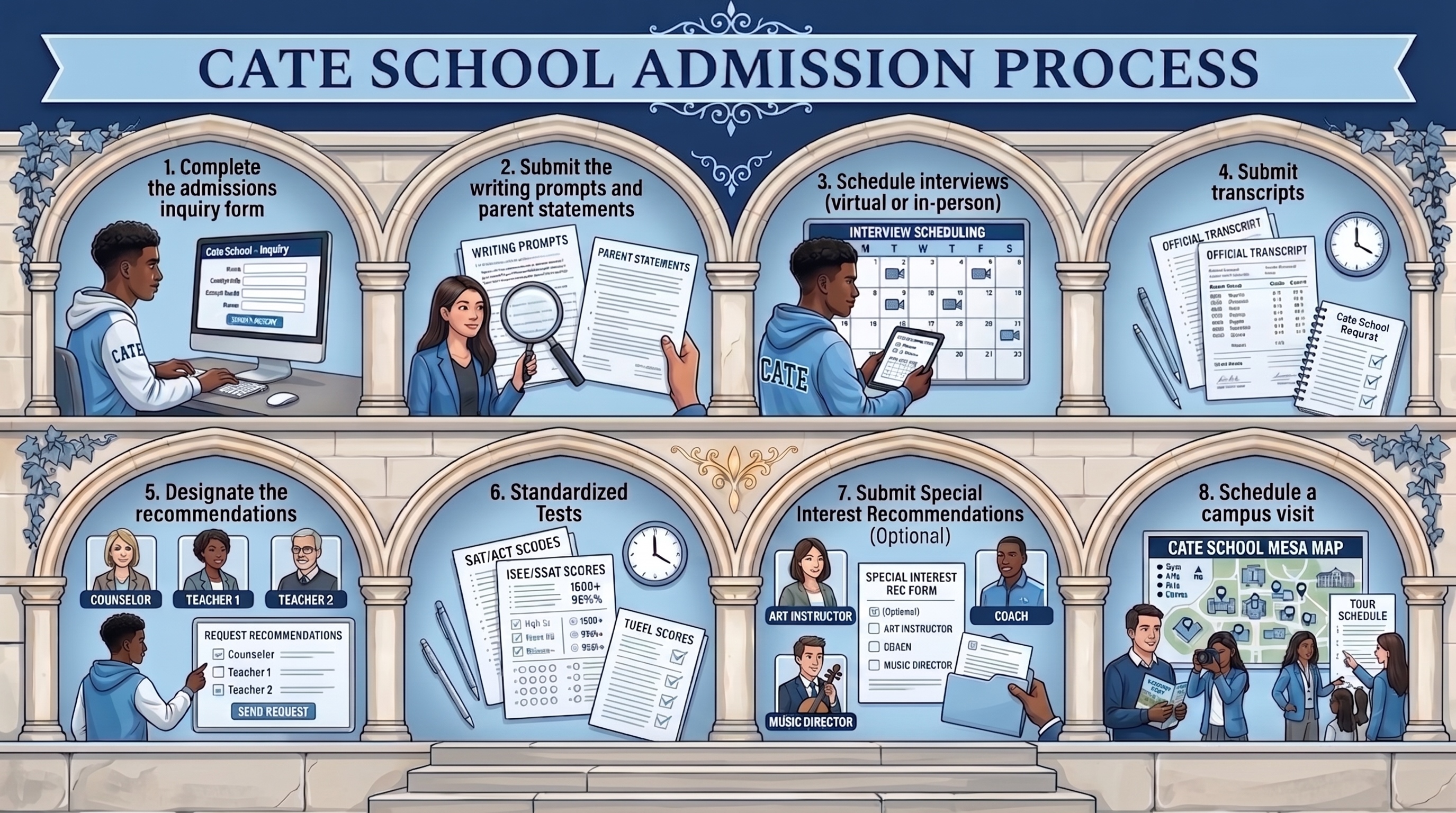 Infographic of Cate School admission process showing steps like application, essays, interview, transcripts, recommendations, test scores, and campus visit.