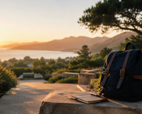 Backpack and notebook on a stone ledge overlooking a scenic coastal landscape at sunset, with mountains and trees in the background.