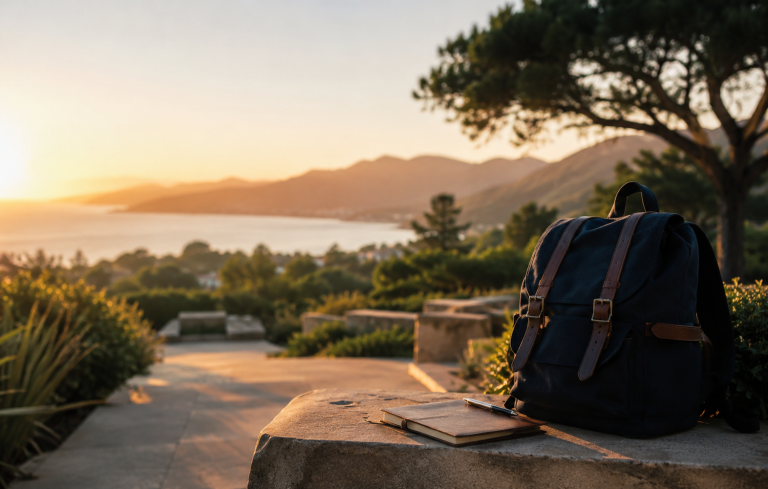 Backpack and notebook on a stone ledge overlooking a scenic coastal landscape at sunset, with mountains and trees in the background.