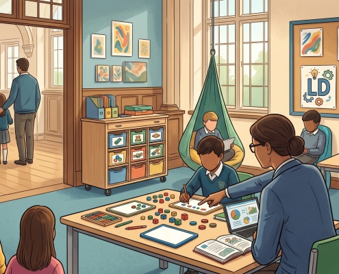 An illustration of a private school classroom optimized for learning differences, featuring a teacher guiding a student with hands-on learning materials, a sensory swing in the background, and parents observing from the doorway. All individuals are shown from behind or with featureless faces, and there is no legible text.