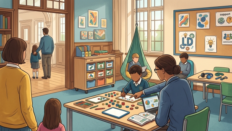 An illustration of a private school classroom optimized for learning differences, featuring a teacher guiding a student with hands-on learning materials, a sensory swing in the background, and parents observing from the doorway. All individuals are shown from behind or with featureless faces, and there is no legible text.