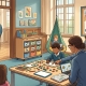 An illustration of a private school classroom optimized for learning differences, featuring a teacher guiding a student with hands-on learning materials, a sensory swing in the background, and parents observing from the doorway. All individuals are shown from behind or with featureless faces, and there is no legible text.