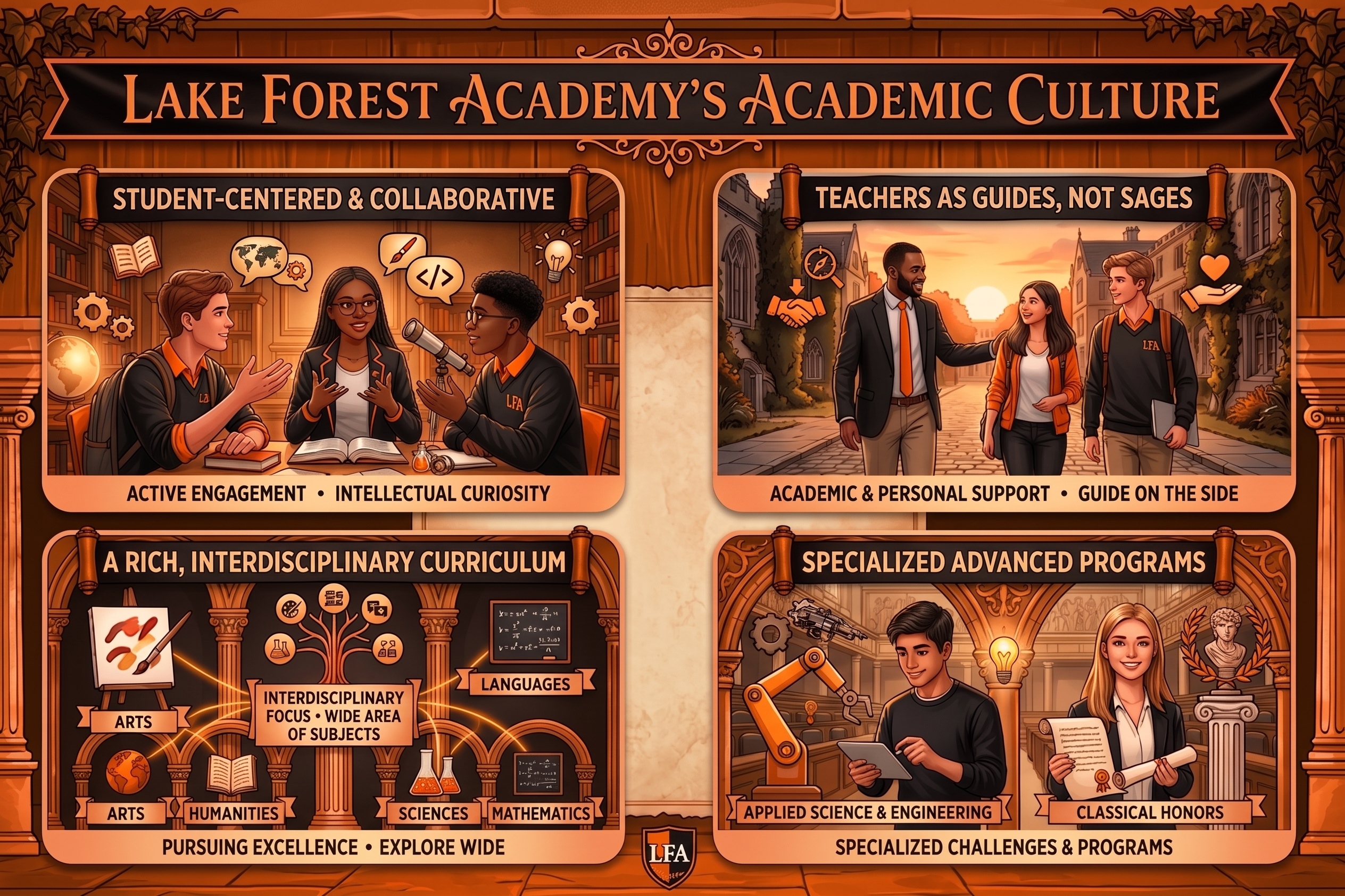 Infographic highlighting Lake Forest Academy’s academic culture: student-centered learning, teachers as mentors, interdisciplinary curriculum, and specialized advanced programs.