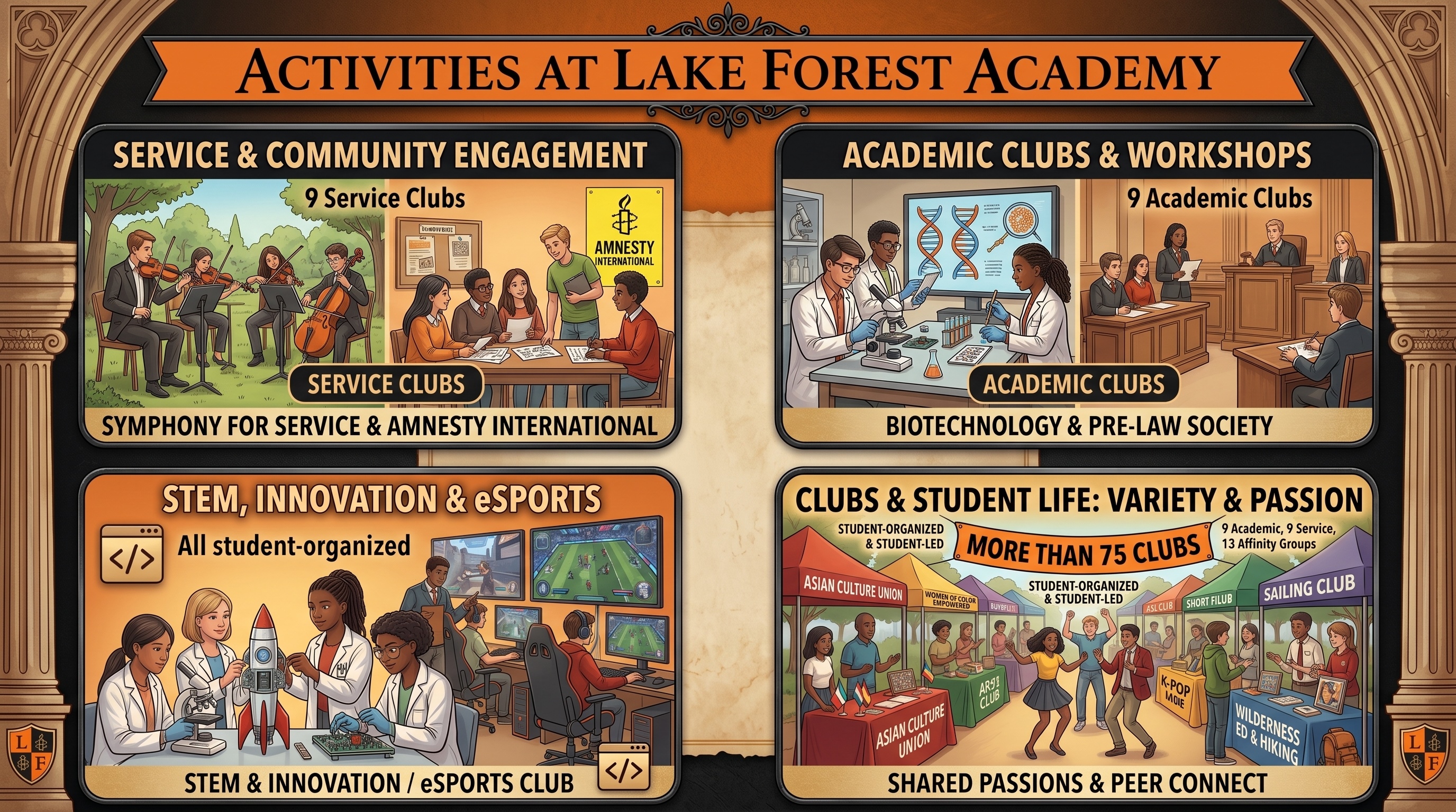 Infographic of activities at Lake Forest Academy, highlighting service clubs, academic clubs, STEM and esports, and over 75 student-led clubs.