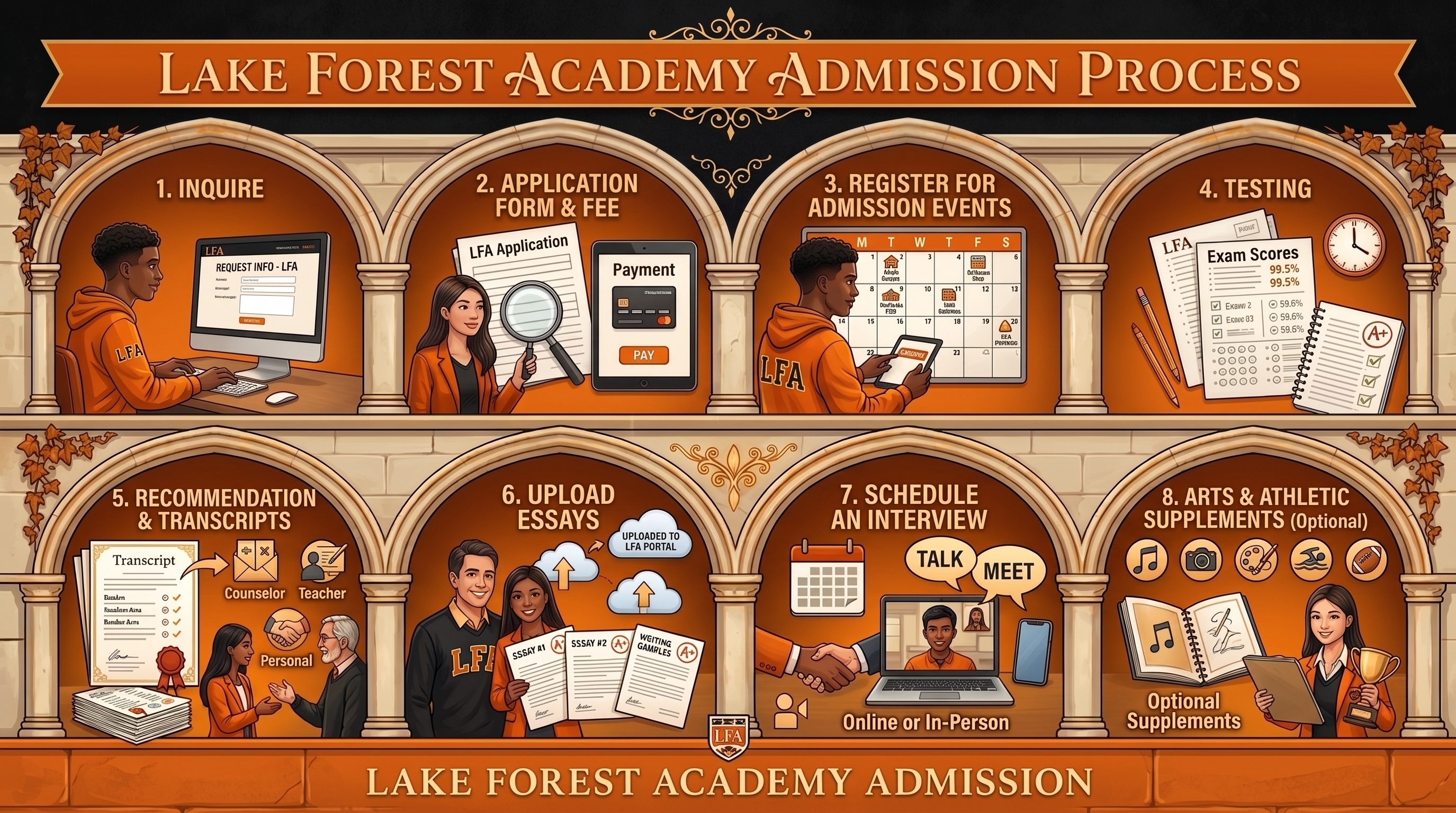 Infographic of Lake Forest Academy’s 8-step admissions process, from inquiry and application to testing, interviews, and optional supplements.