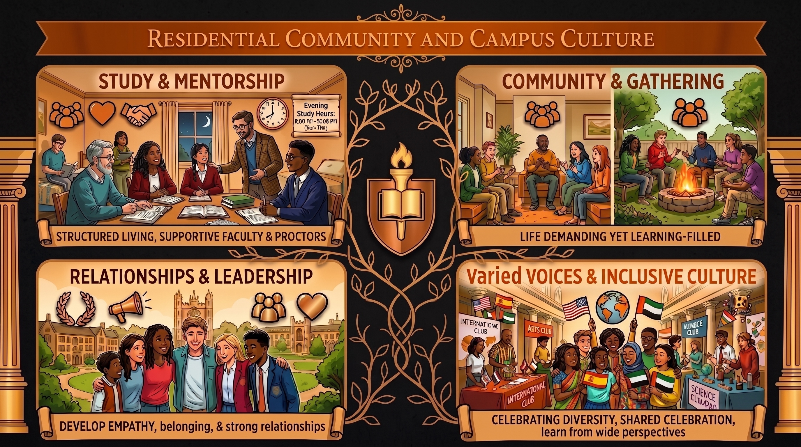 Infographic of Lake Forest Academy’s residential and campus culture, featuring study and mentorship, community gatherings, leadership development, and an inclusive, diverse student environment.
