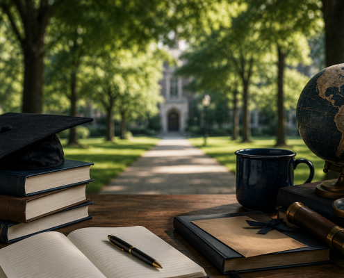 A graduation cap resting on a stack of books, an open journal with a pen, a globe, and academic items on a wooden desk, with a blurred historic campus walkway in the background.