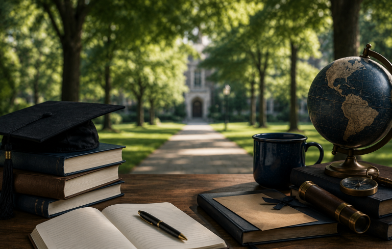 A graduation cap resting on a stack of books, an open journal with a pen, a globe, and academic items on a wooden desk, with a blurred historic campus walkway in the background.