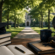 A graduation cap resting on a stack of books, an open journal with a pen, a globe, and academic items on a wooden desk, with a blurred historic campus walkway in the background.
