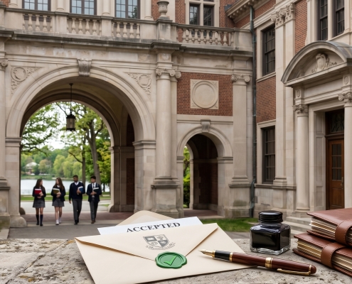 An acceptance letter with a green wax seal, a fountain pen, and leather journals resting on a stone ledge in front of a prestigious, historic school campus courtyard.