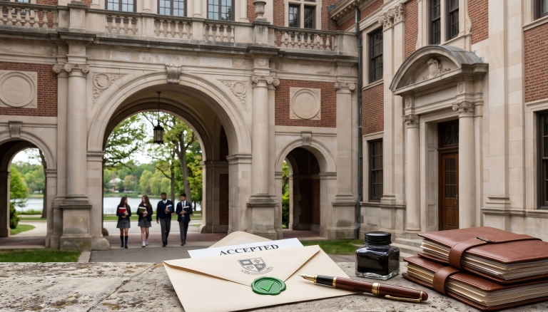 An acceptance letter with a green wax seal, a fountain pen, and leather journals resting on a stone ledge in front of a prestigious, historic school campus courtyard.