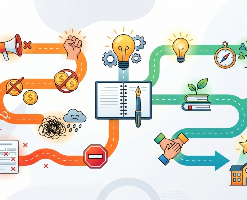 An infographic guide contrasting positive (green) and negative (orange) paths for a writing process, culminating in school success.