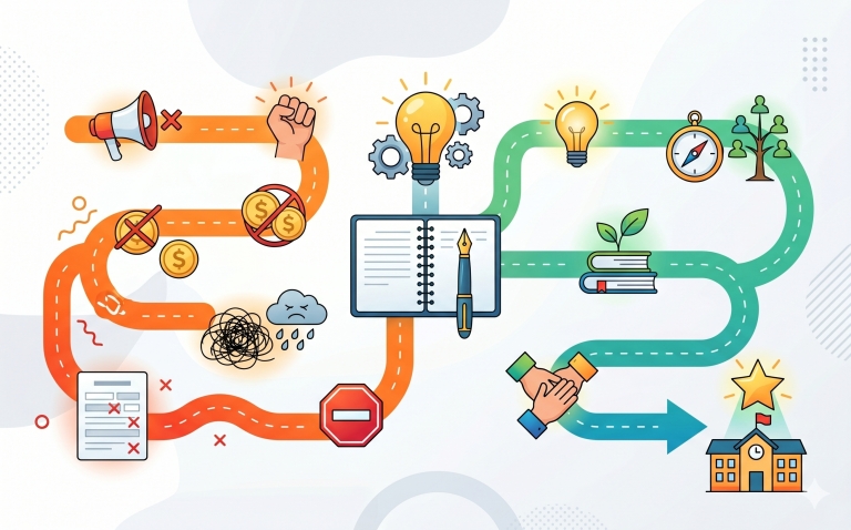 An infographic guide contrasting positive (green) and negative (orange) paths for a writing process, culminating in school success.