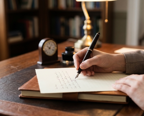 Hands writing a letter with a fountain pen on a wooden desk.