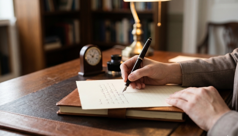 Hands writing a letter with a fountain pen on a wooden desk.