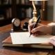 Hands writing a letter with a fountain pen on a wooden desk.