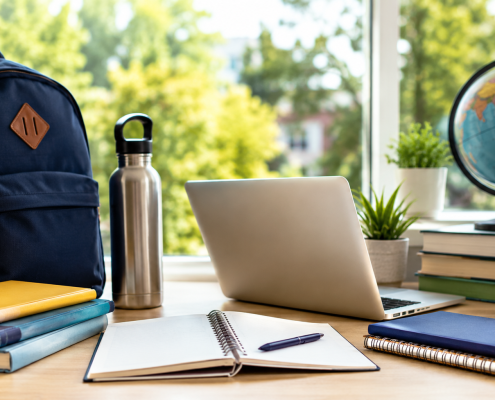 Sunlit study desk with backpack, books, laptop, and school supplies by a window, suggesting summer learning.