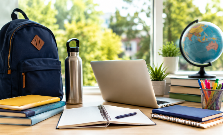 Sunlit study desk with backpack, books, laptop, and school supplies by a window, suggesting summer learning.