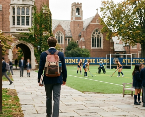A student with a backpack walks onto a private school campus toward an athletic field and groups of students.