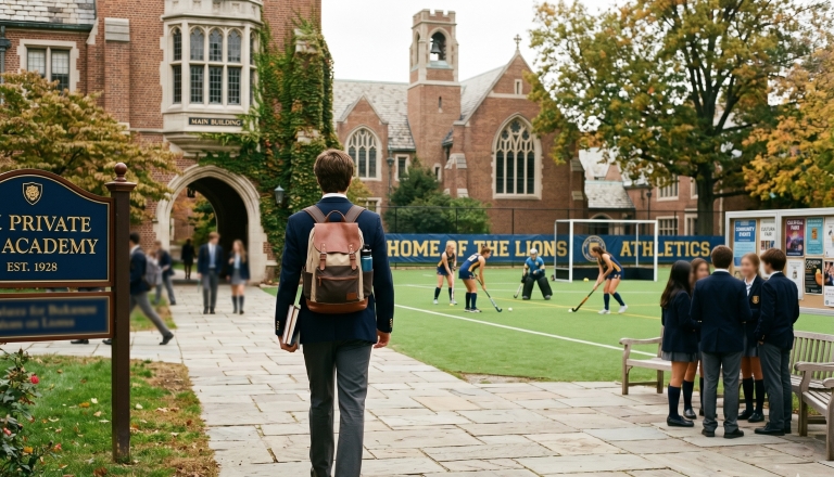 A student with a backpack walks onto a private school campus toward an athletic field and groups of students.