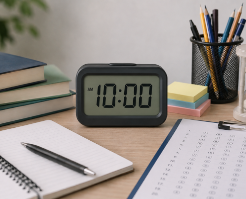 Digital clock showing 10:00 AM on a tidy study desk with books, notebook, and test sheet