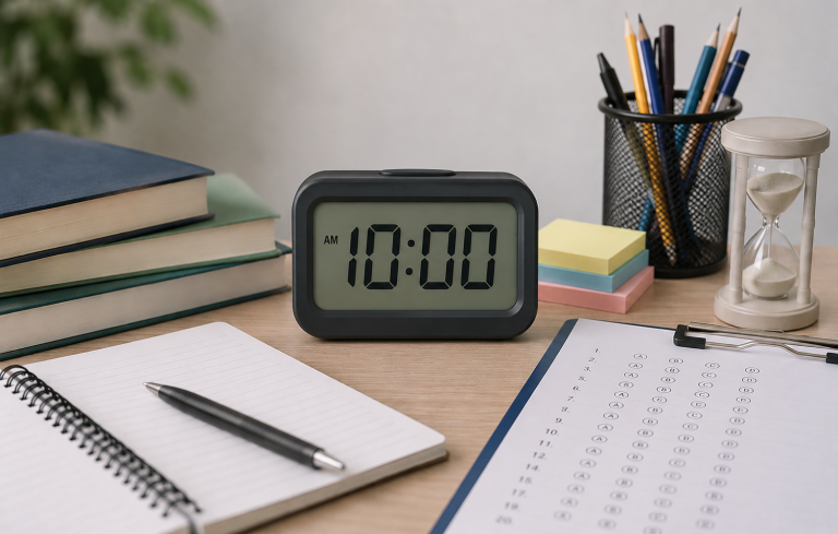 Digital clock showing 10:00 AM on a tidy study desk with books, notebook, and test sheet