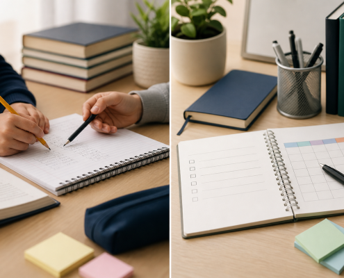 Split desk scene showing hands working in a notebook on one side and an organized planner with books and stationery on the other.