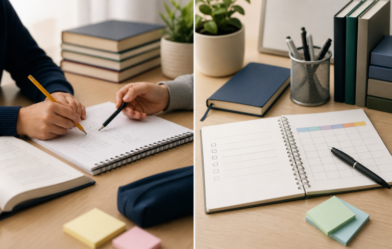 Split desk scene showing hands working in a notebook on one side and an organized planner with books and stationery on the other.