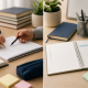 Split desk scene showing hands working in a notebook on one side and an organized planner with books and stationery on the other.