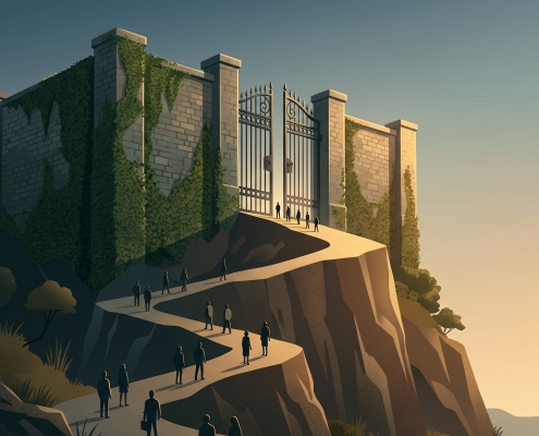An illustration of a steep, winding path leading up to a large, ivy-covered stone wall with narrow wrought-iron gates, symbolizing competitive admissions. Silhouetted figures climb the path toward the entrance under a warm sunset sky.