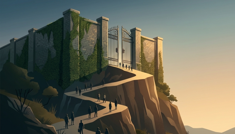 An illustration of a steep, winding path leading up to a large, ivy-covered stone wall with narrow wrought-iron gates, symbolizing competitive admissions. Silhouetted figures climb the path toward the entrance under a warm sunset sky.