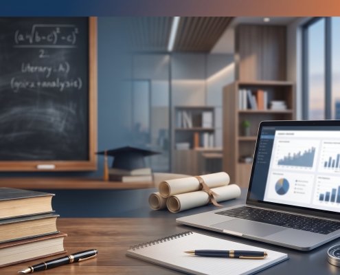 A desk transitioning from a traditional classroom background with a chalkboard to a modern office setting, featuring a laptop with data charts, books, and scrolls.