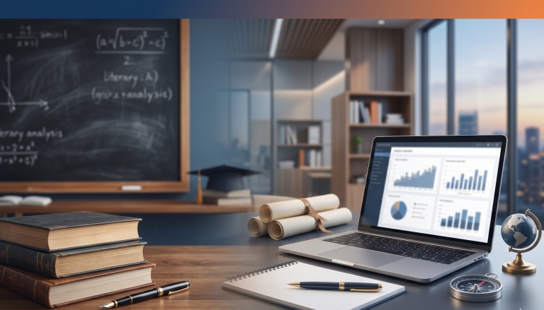 A desk transitioning from a traditional classroom background with a chalkboard to a modern office setting, featuring a laptop with data charts, books, and scrolls.