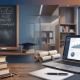 A desk transitioning from a traditional classroom background with a chalkboard to a modern office setting, featuring a laptop with data charts, books, and scrolls.