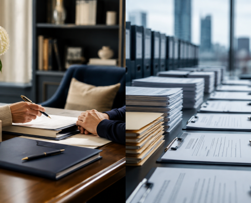 Split-scene image showing a personalized consulting desk on one side and a large-scale admissions office workflow on the other.