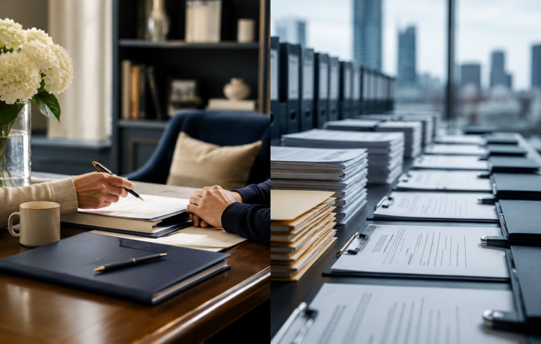 Split-scene image showing a personalized consulting desk on one side and a large-scale admissions office workflow on the other.