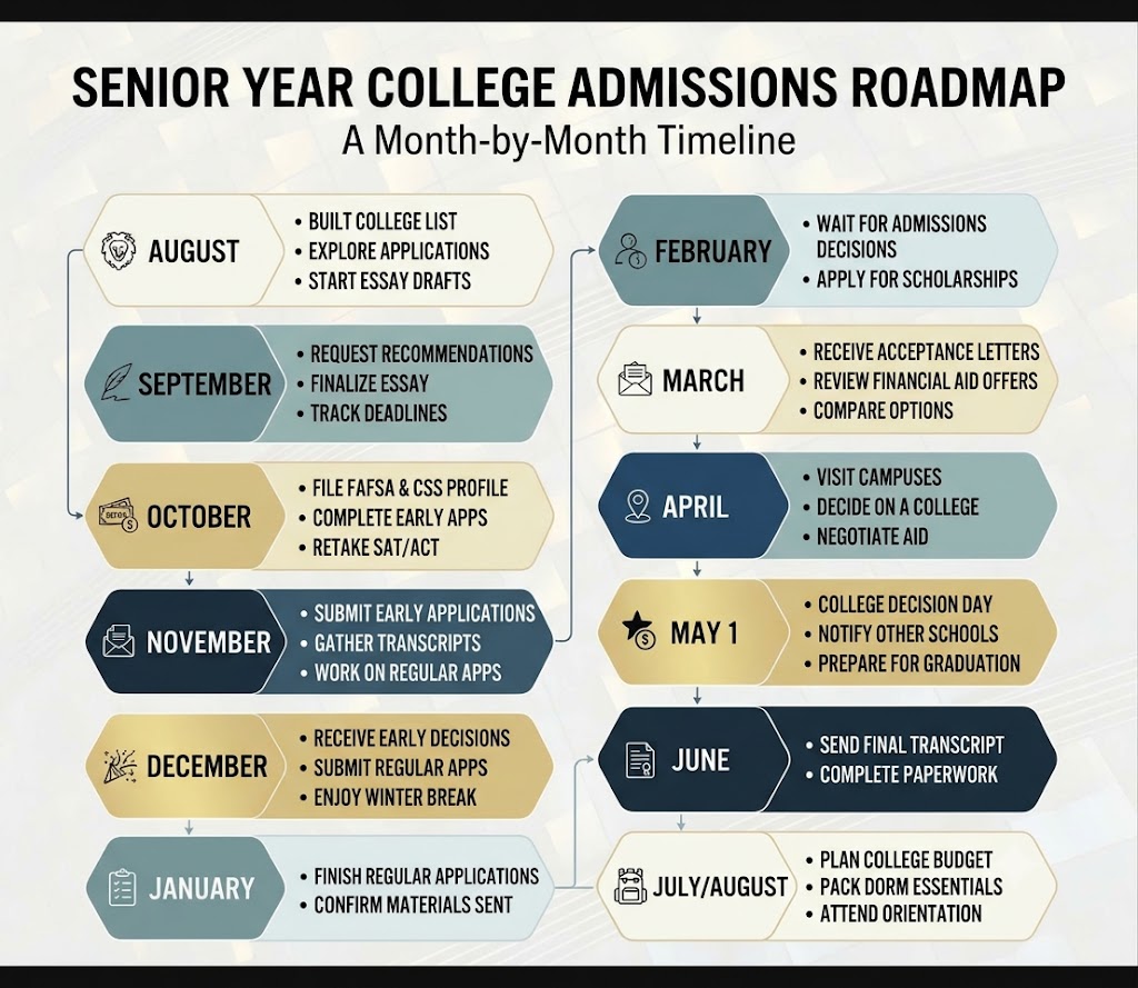 An infographic showing the month-by-month timeline of senior college admissions