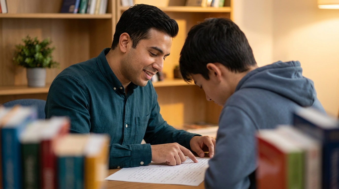 Tutor guiding a student through focused test preparation