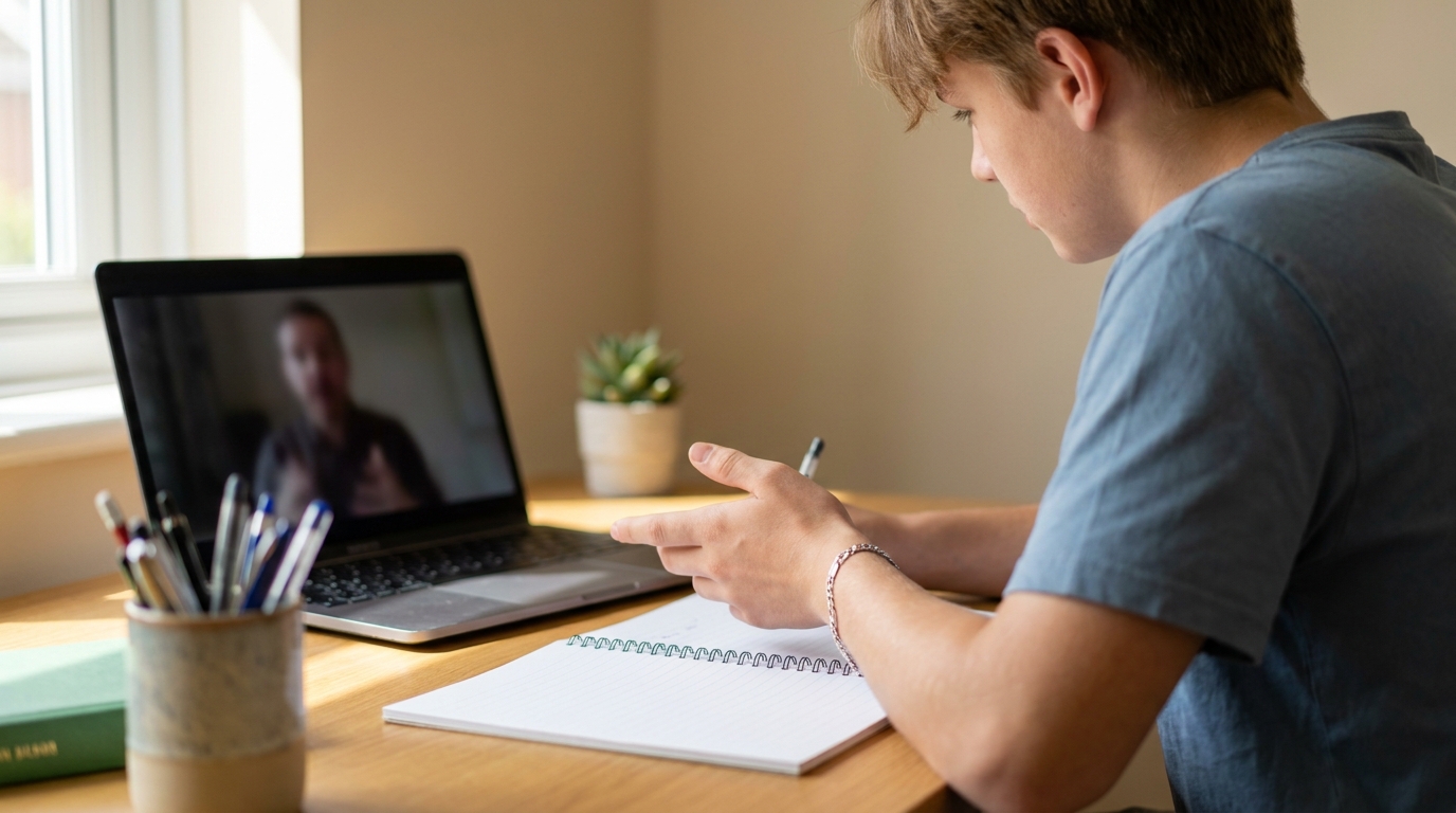 Student working with a tutor over video on a laptop during an online lesson