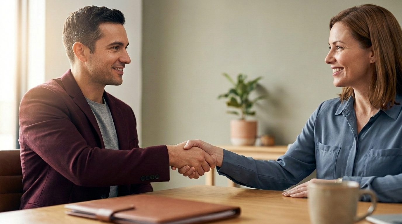 Two professionals shaking hands on a partnership agreement