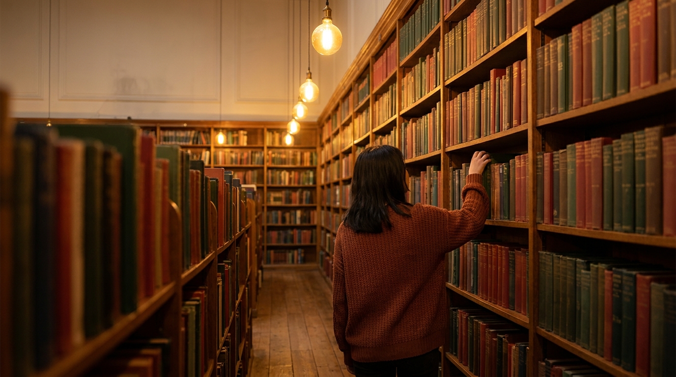 Library stacks lit by warm hanging lights