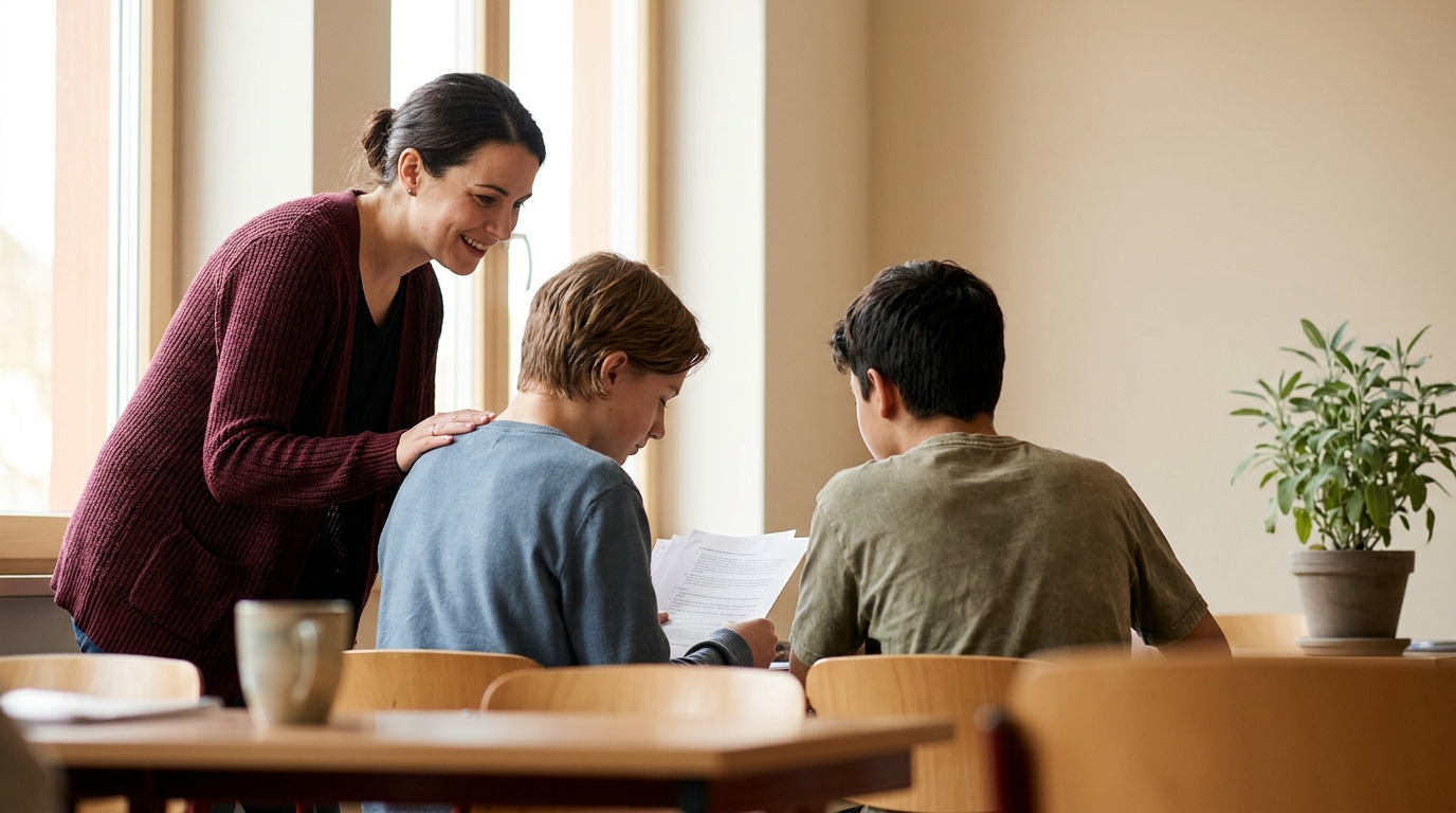 Teacher and students in a bright private school classroom
