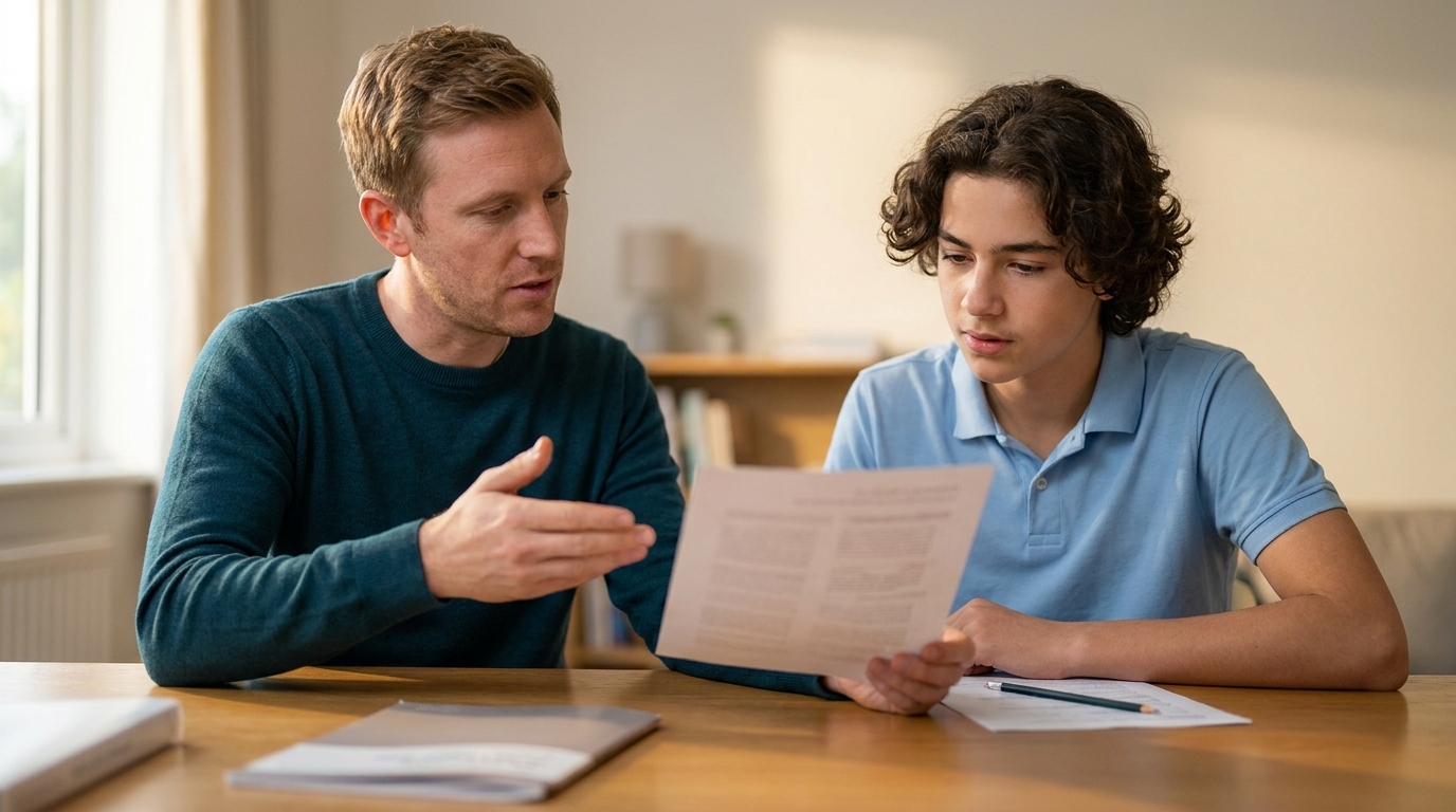Student reviewing strong practice-test results with a tutor