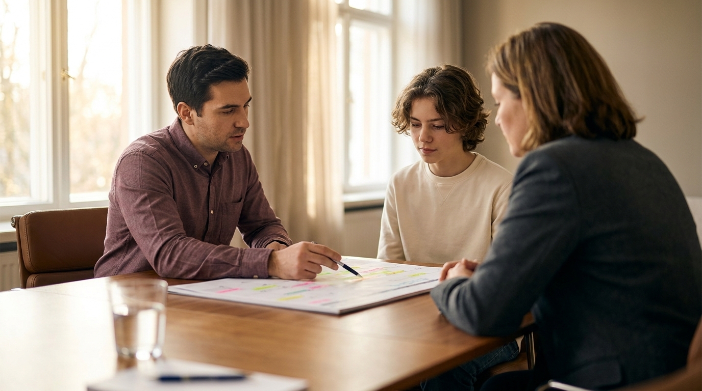 Counselor and family mapping a multi-year testing calendar