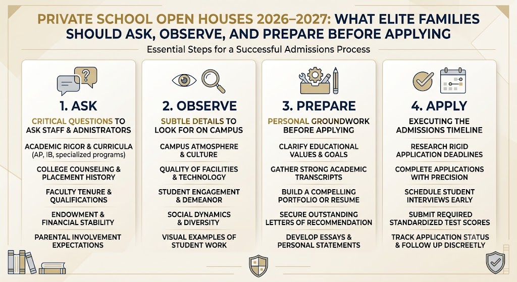 An infographic listicle that shows what elite families should ask, observe, and prepare before applying to private schools