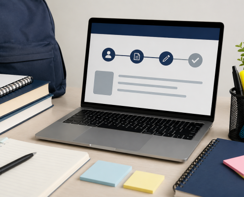 Organized study desk with a laptop showing an application progress screen, surrounded by notebooks, stationery, and a backpack.